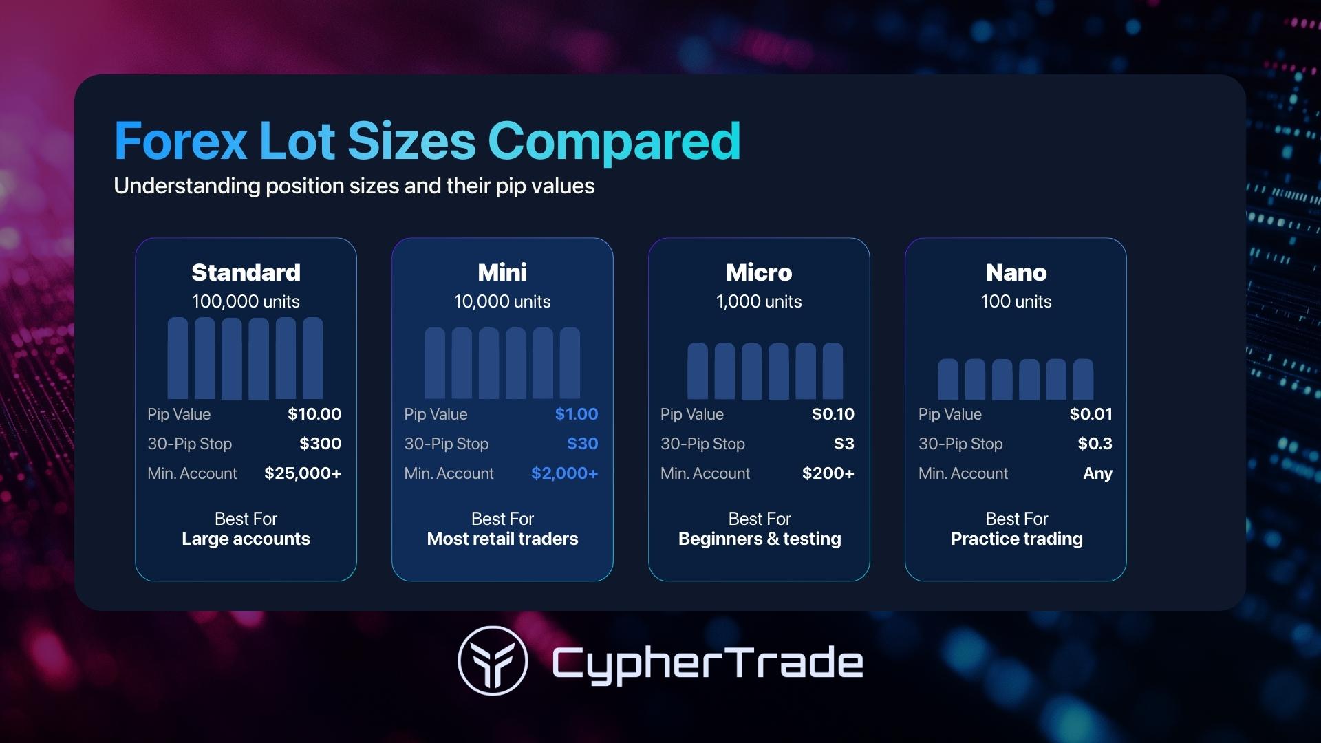 Standard lot vs mini lot vs micro lot size comparison chart